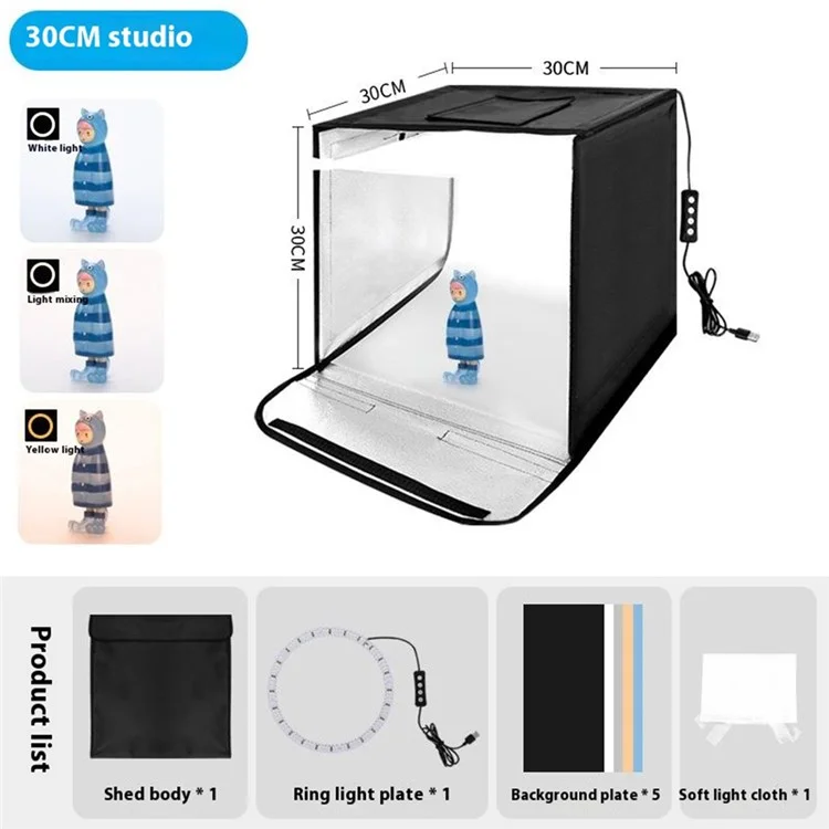 Boîte de studio photo portable de 30 cm avec éclairage LED et 3 anneaux lumineux de couleur