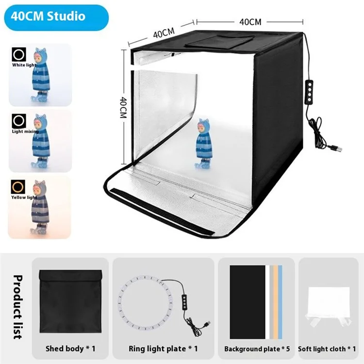 Boîte à lumière de studio photo portable de 40 cm avec éclairage LED en anneau de 3 couleurs