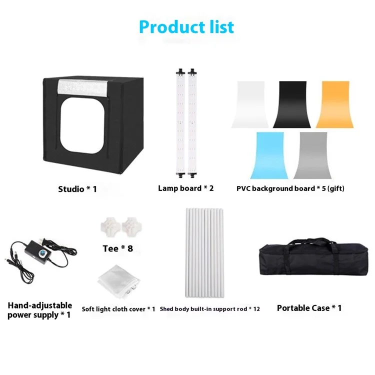Kit scatola luce studio fotografico da 60 cm con tenda da fotografia, luce LED e tavola di sfondo - Spina UE
