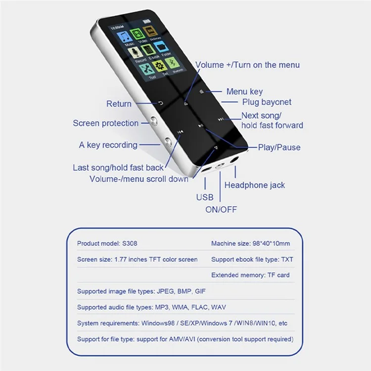 S308 8GB TF Card Touch Screen MP3 Sound Recorder Music Video MP4 Player with Dictionary + Bluetooth-compatible Function - Pink