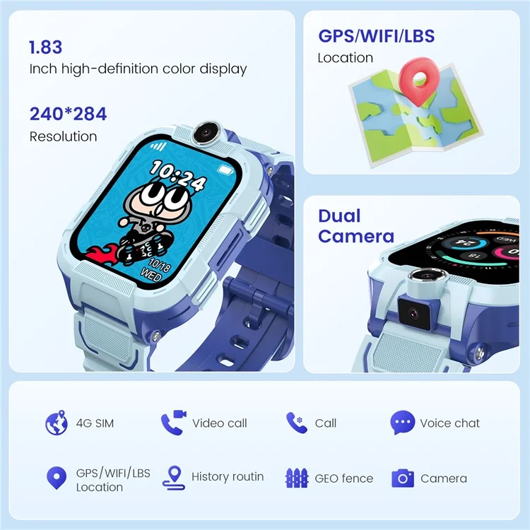 DH15S 1.83 Inch 4G Calling Kids Smart Watch SOS GPS Tracker Built In LED Flashlight (Europe  /  Asian  /  Africa Version) - Blue