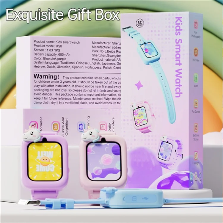 K90 Montre Intelligente pour Enfants avec Écran Tactile de 1,83 Pouce, 36 Jeux, Enregistreur Vidéo, Lecteur de Musique et Lampe de Poche - Violet