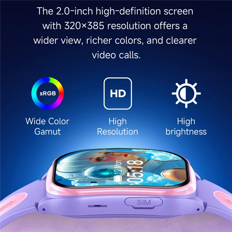 Reloj Inteligente D18 para Niños de 2,0 Pulgadas, 4G con Llamada SOS y Cámara Oculta Retráctil (Versión Europa / Asia / África) - Morado