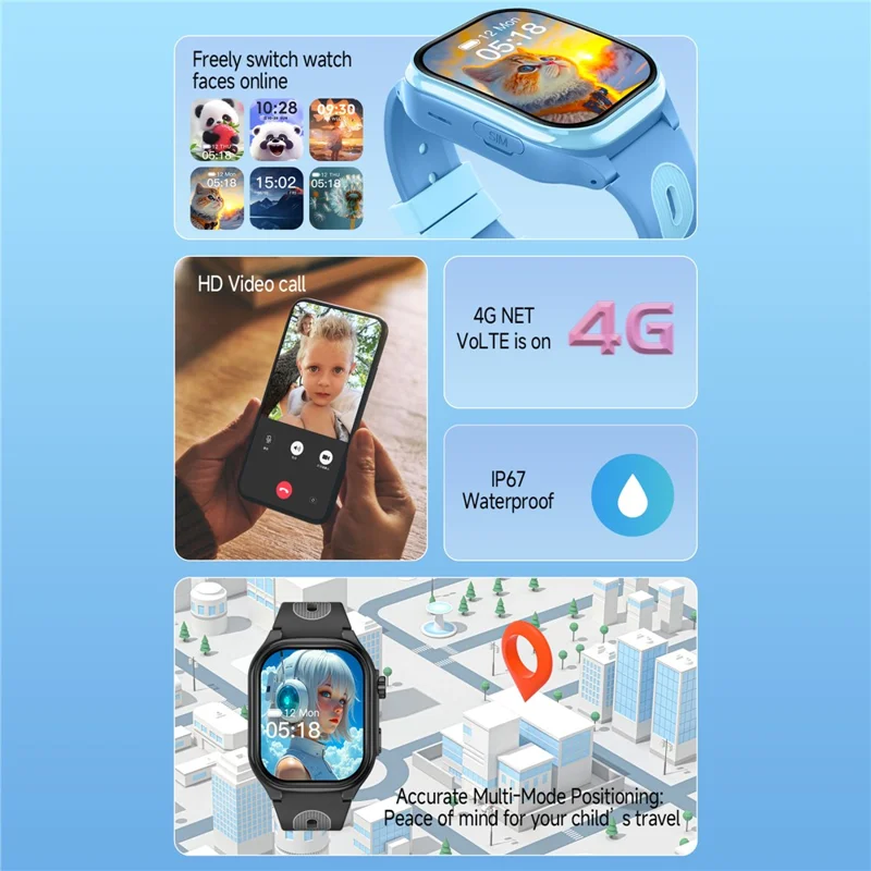 Reloj Inteligente D18 para Niños de 2,0 Pulgadas, 4G con Llamada SOS y Cámara Oculta Retráctil (Versión Europa / Asia / África) - Morado