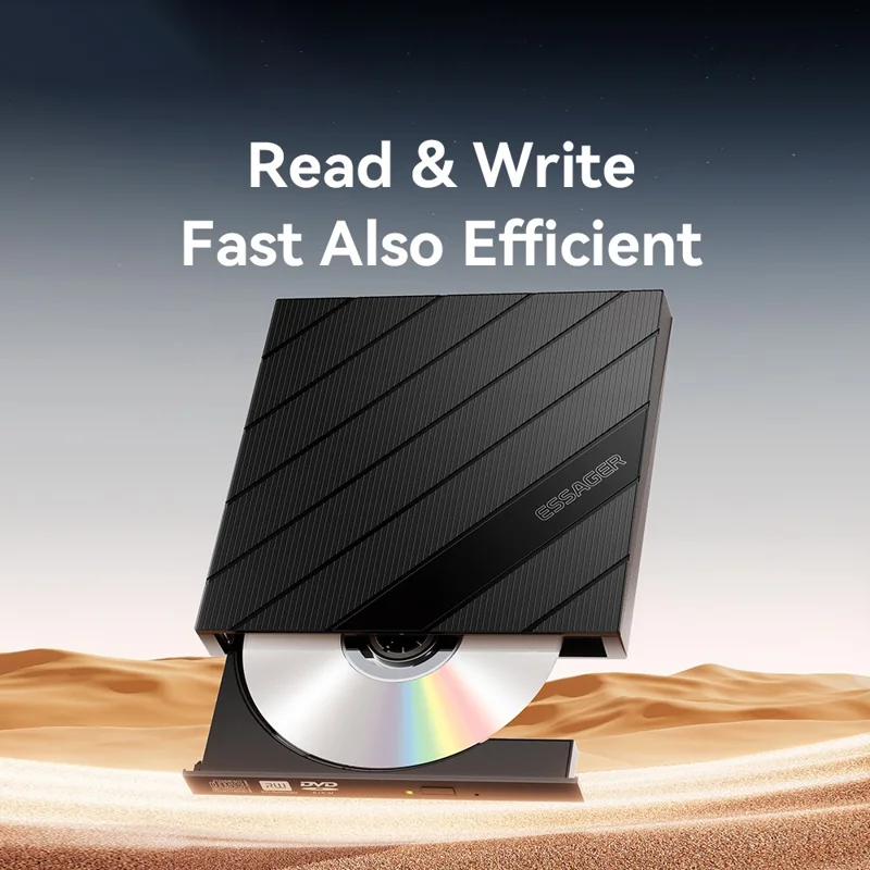 ESSAGER Externe DVD Drive 8X Lees/Schrijf Externe Optische Drive met Hoogwaardige Chip voor Laptop PC - Zwart