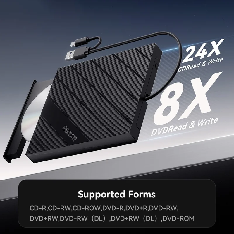 ESSAGER Externe DVD Drive 8X Lees/Schrijf Externe Optische Drive met Hoogwaardige Chip voor Laptop PC - Zwart