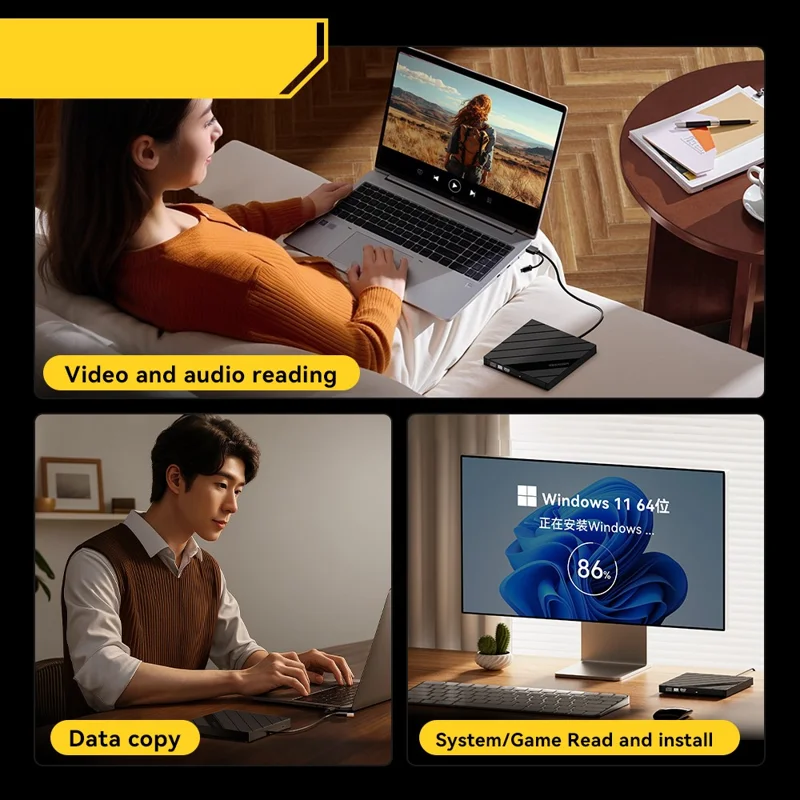 ESSAGER Externe DVD Drive 8X Lees/Schrijf Externe Optische Drive met Hoogwaardige Chip voor Laptop PC - Zwart