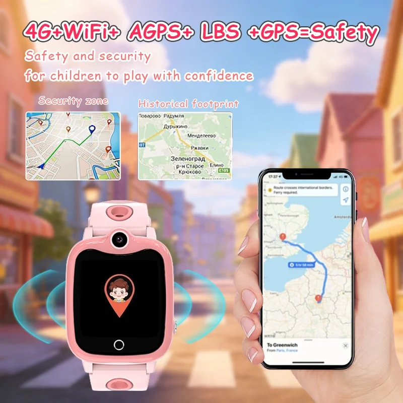 DH10 Kids GPS Smart Watch 4G Smart Watch with Call, Family Voice, SOS, IP67 Waterproof (Europe / Asia / Africa Version) - Pink