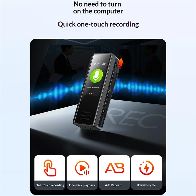 B200 Enregistreur Vocal Mini Cravate avec Réduction de Bruit 8 Go, Écran 1,47 pouces - Noir