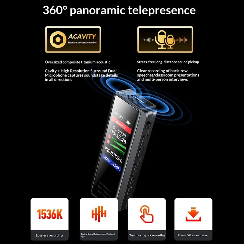 B200 Enregistreur Vocal Mini Cravate avec Réduction de Bruit 8 Go, Écran 1,47 pouces - Noir