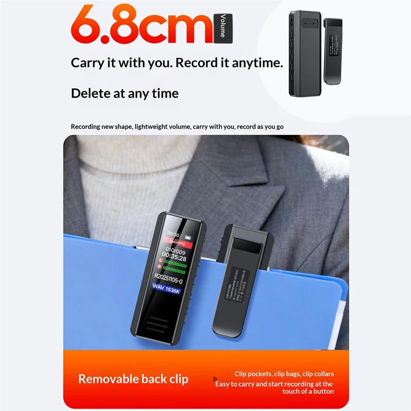 B200 Enregistreur Vocal Mini Cravate avec Réduction de Bruit 8 Go, Écran 1,47 pouces - Noir