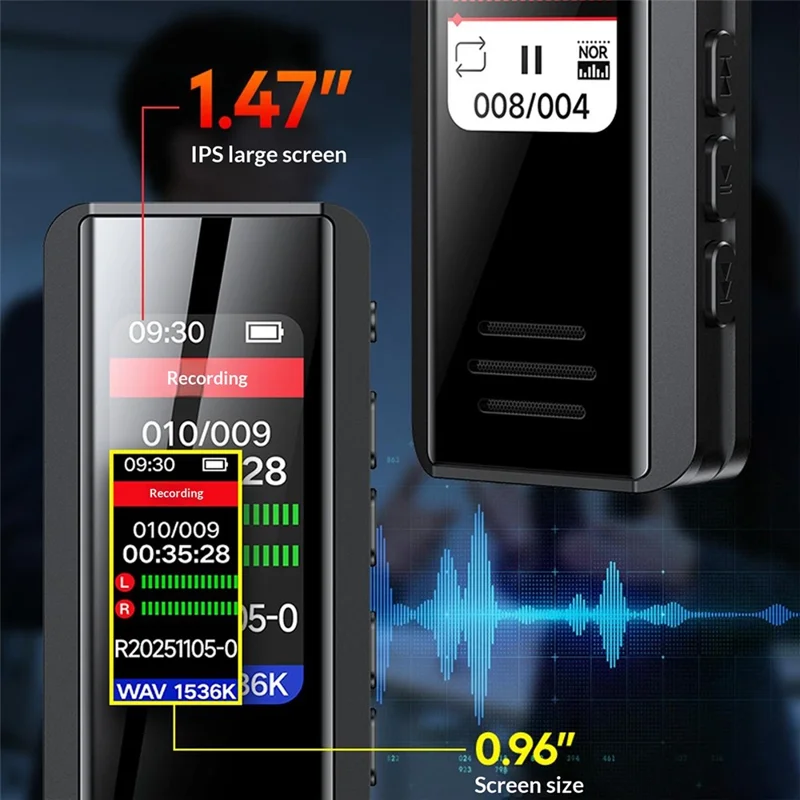 B200 Enregistreur Vocal Mini Cravate avec Réduction de Bruit 8 Go, Écran 1,47 pouces - Noir