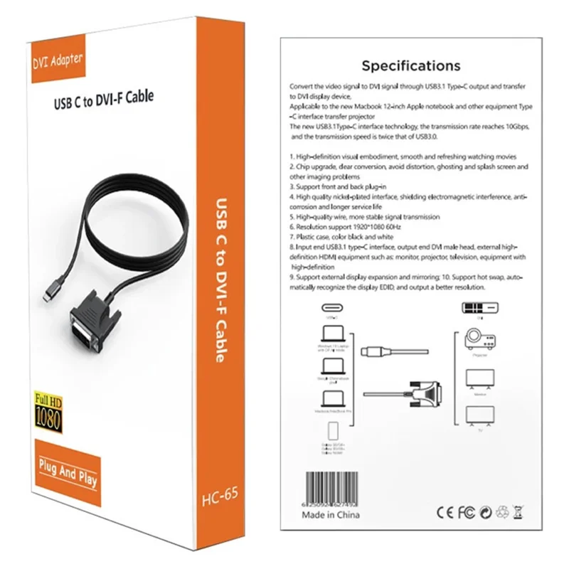 HC-65 USB 3.1 Type-C til DVI adapterkabel, 1080P video kabel til MacBook, laptop, monitor, projector - Sort