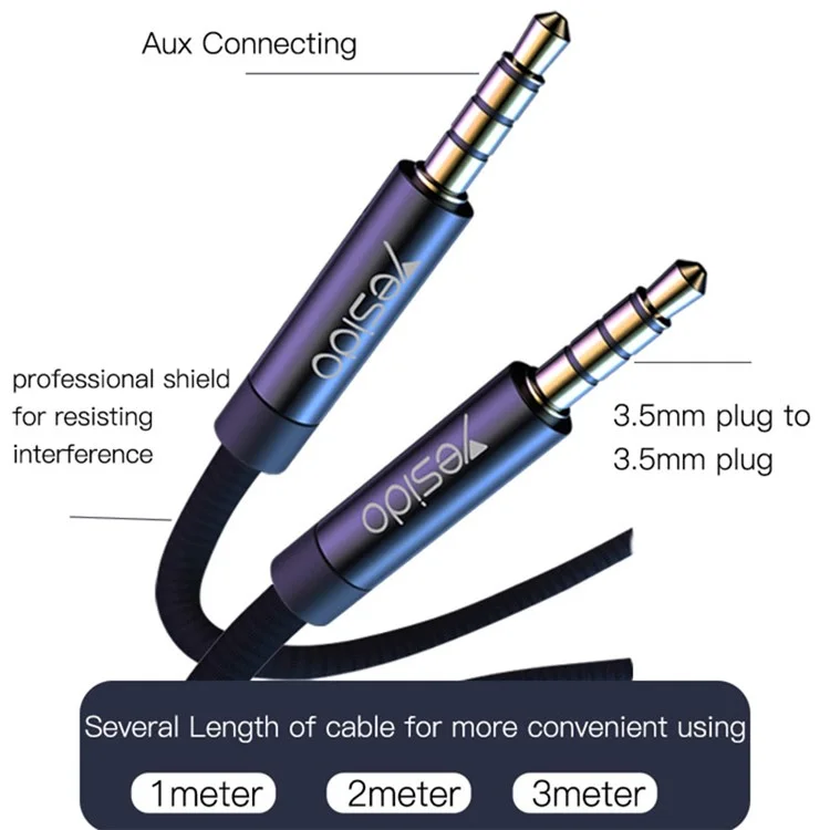 YESIDO 2m YAU15 AUX Cord Audio Cable 3.5mm Male to Male for Car Home Stereo Speaker Headphone