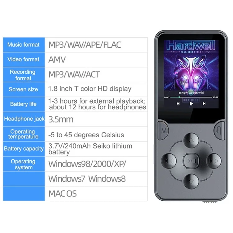 MROBO X-02 32GB 1.8-inch Screen MP4 Player Sound Recording Function FM Radio Music Video Player Student Learning Walkman