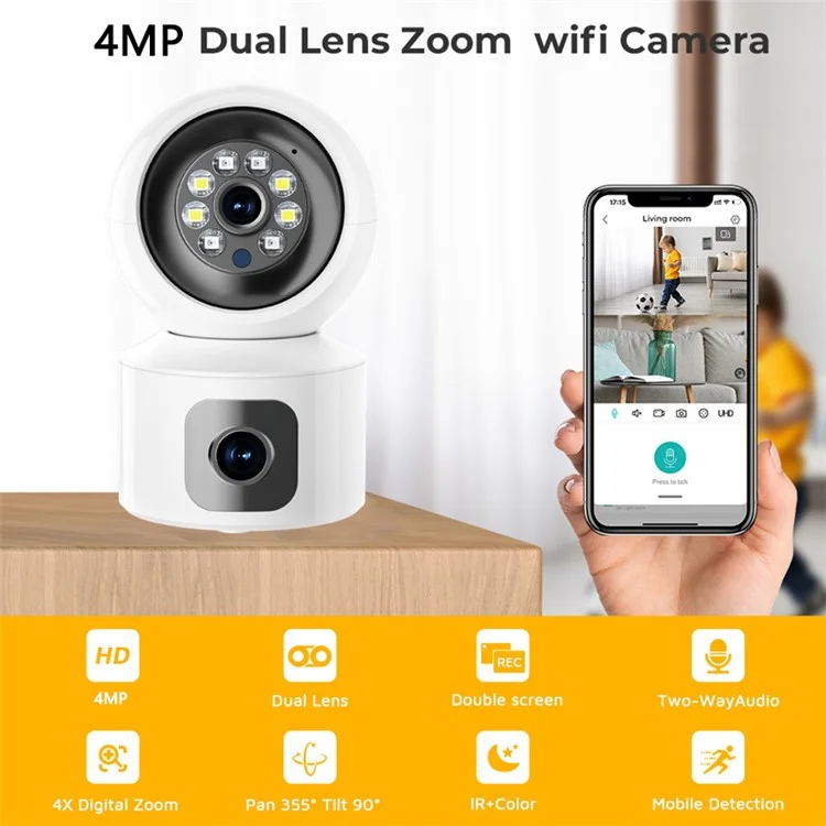 4MP Dual Lens Baby Monitor Ball Camera 4X Digital Zoom Two-Way Audio Night Vision Camera - EU Plug