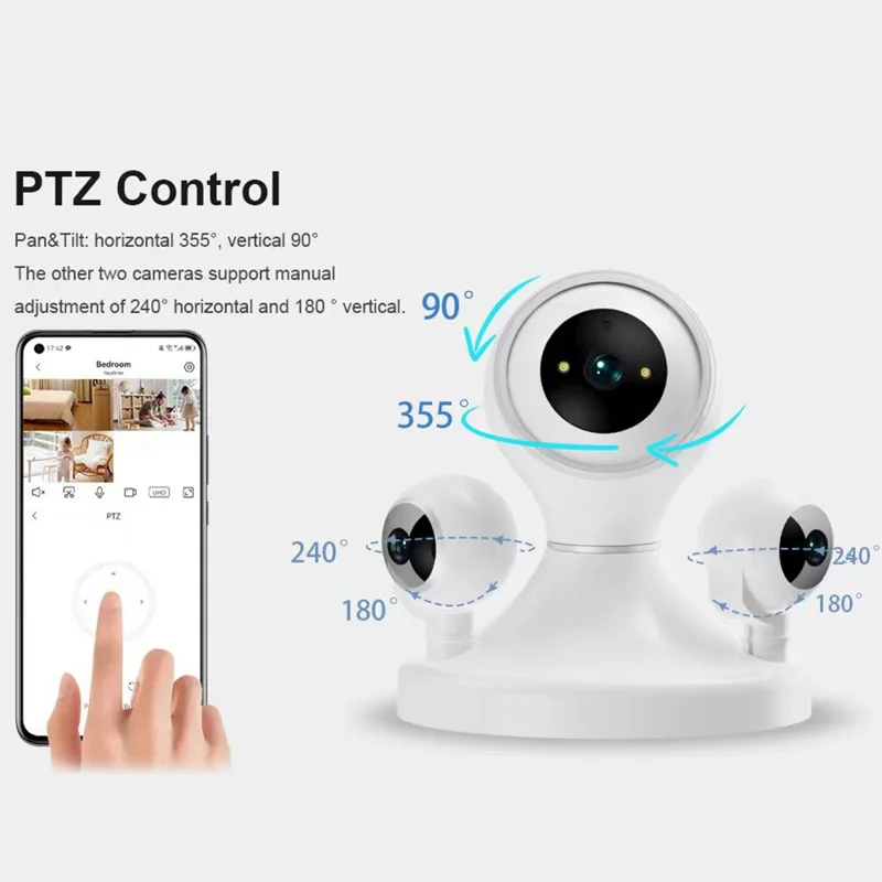 HD WiFi Camera Motion Detection Night Vision 3-Lens Home Security Camera, No Memory Card - EU Plug