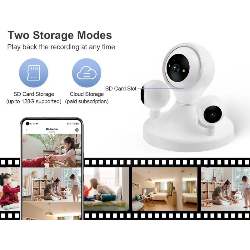 HD WiFi Camera Motion Detection Night Vision 3-Lens Home Security Camera, No Memory Card - EU Plug