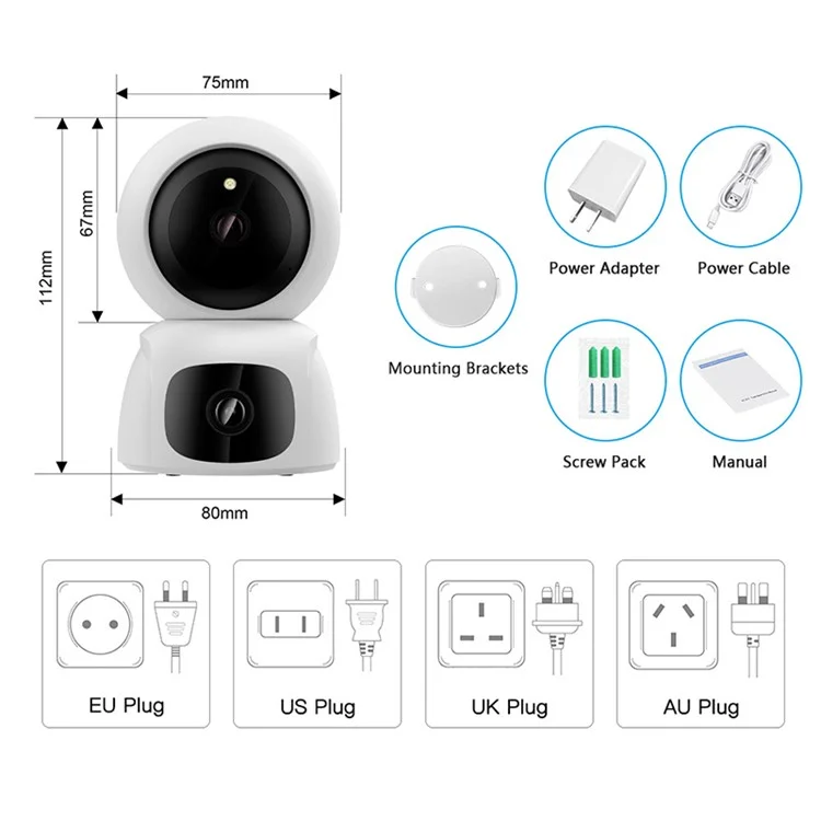 Night Vision Two-Way Audio Camera Home Security Dual Lens Indoor HD Camera (No Memory Card) - US Plug
