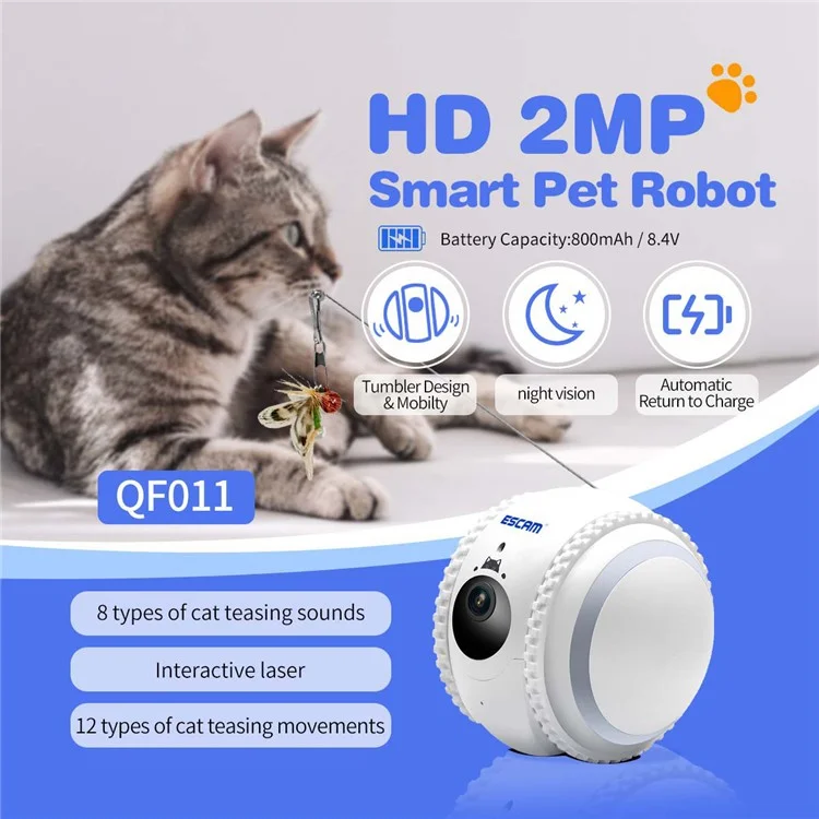 ESCAM QF011 2MP Câmera Robô Inteligente para Animais de Estimação Versão Noturna Design Tumbler para Gatos e Cães - Plug EUA
