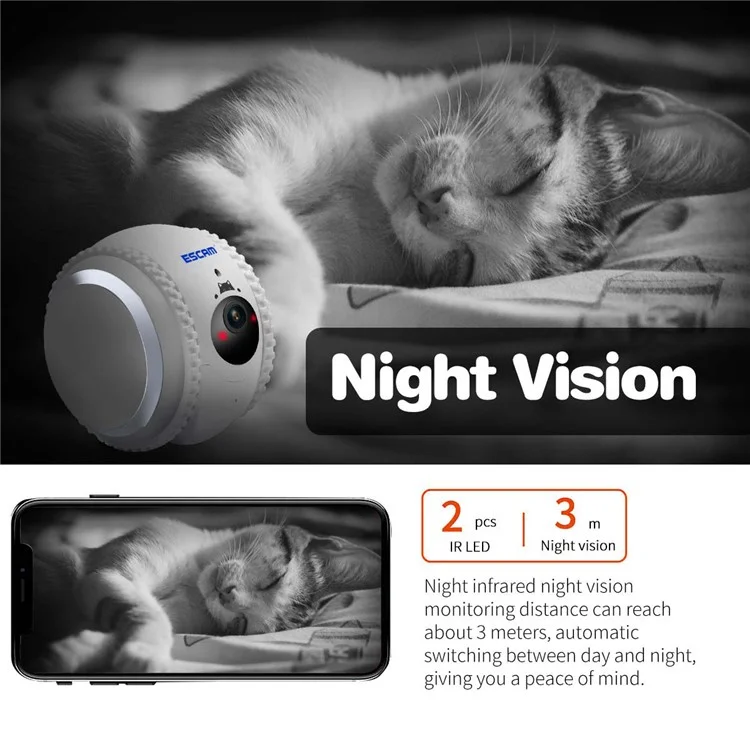 ESCAM QF011 2MP Câmera Robô Inteligente para Animais de Estimação Versão Noturna Design Tumbler para Gatos e Cães - Plug EUA