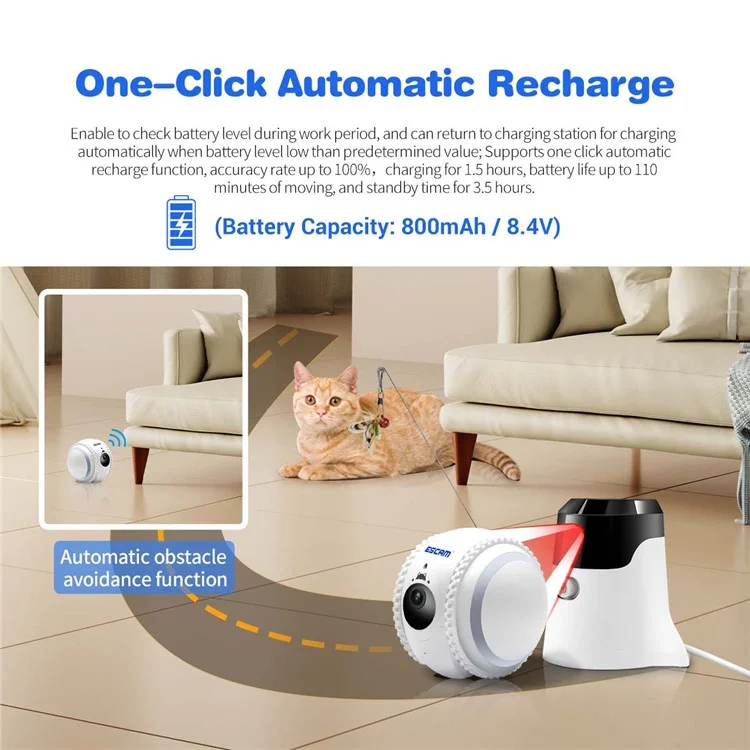 ESCAM QF011 2MP Câmera Robô Inteligente para Animais de Estimação Versão Noturna Design Tumbler para Gatos e Cães - Plug EUA