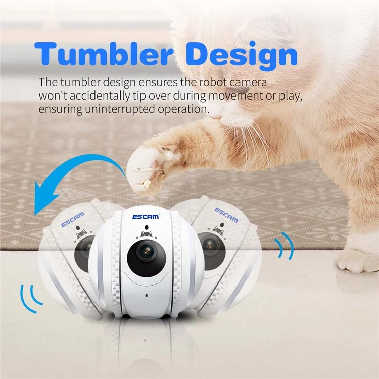 ESCAM QF011 2MP Câmera Robô Inteligente para Animais de Estimação Versão Noturna Design Tumbler para Gatos e Cães - Plug EUA