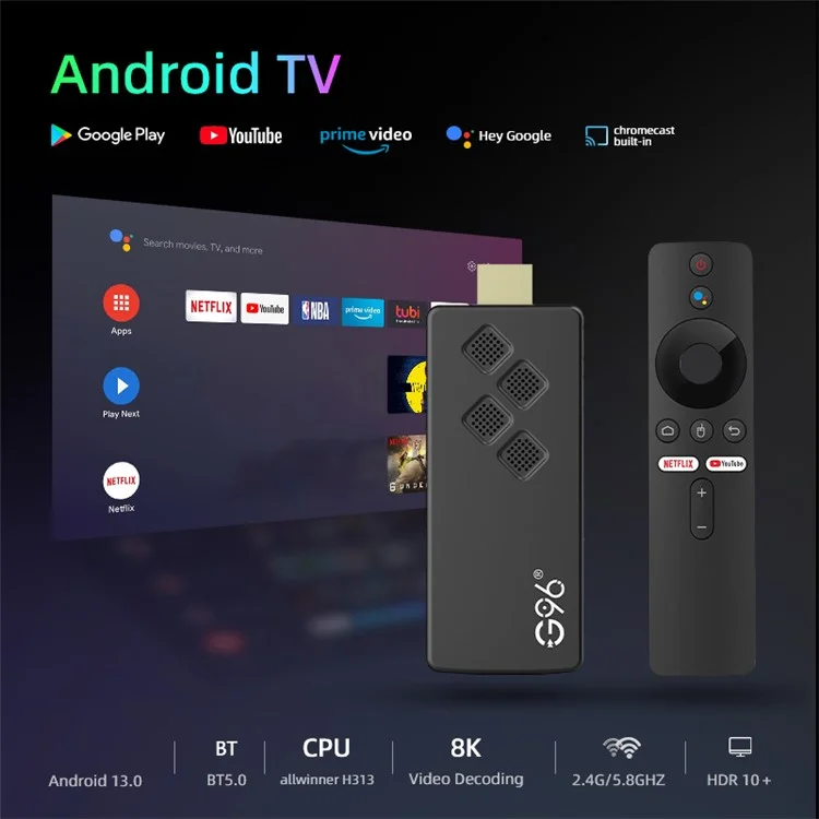 G96 ATV 8K Android 14 Voice Remote Control TV Stick 2.4G / 5G Player Media BT5 WiFi Bt5, 2GB+8GB