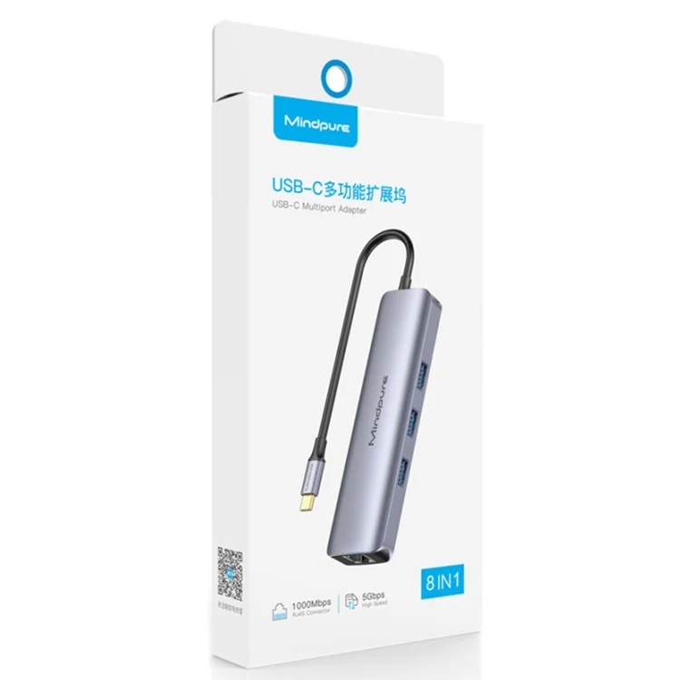 MINDPURE HU010 8-in-1 USB-C Hub Aluminium-Legierung Laptop-Dockingstation, USB3.0x3+HD+PD+SD+TF+RJ45