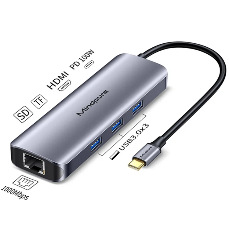 MINDPURE HU010 8-in-1 USB-C Hub Aluminium-Legierung Laptop-Dockingstation, USB3.0x3+HD+PD+SD+TF+RJ45