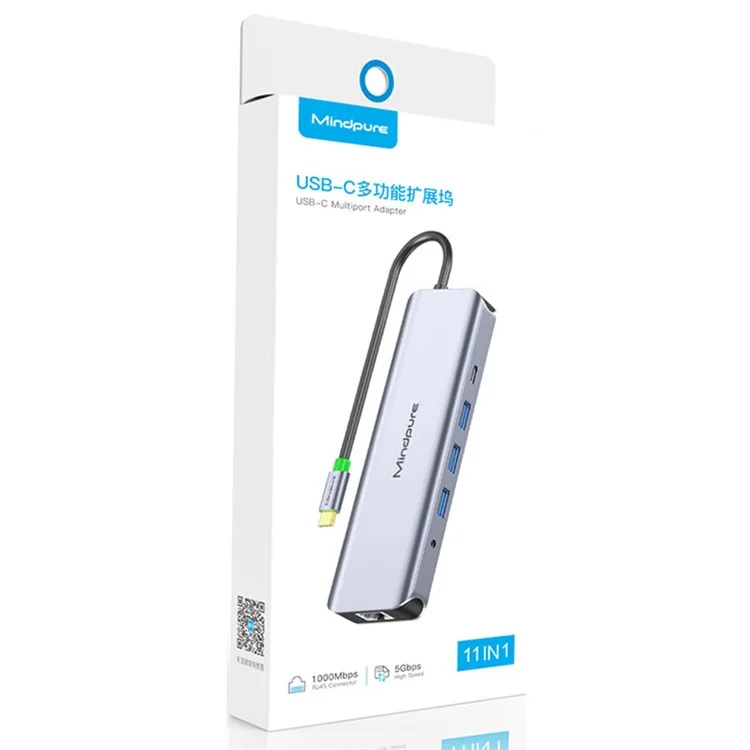 MINDPURE HU012 Stazione di aggancio multifunzione 11 in 1 per laptop, USB-C Hub, USB3.0x3+3.5mm AV+PD+HDx2+VGA+SD+TF+RJ45