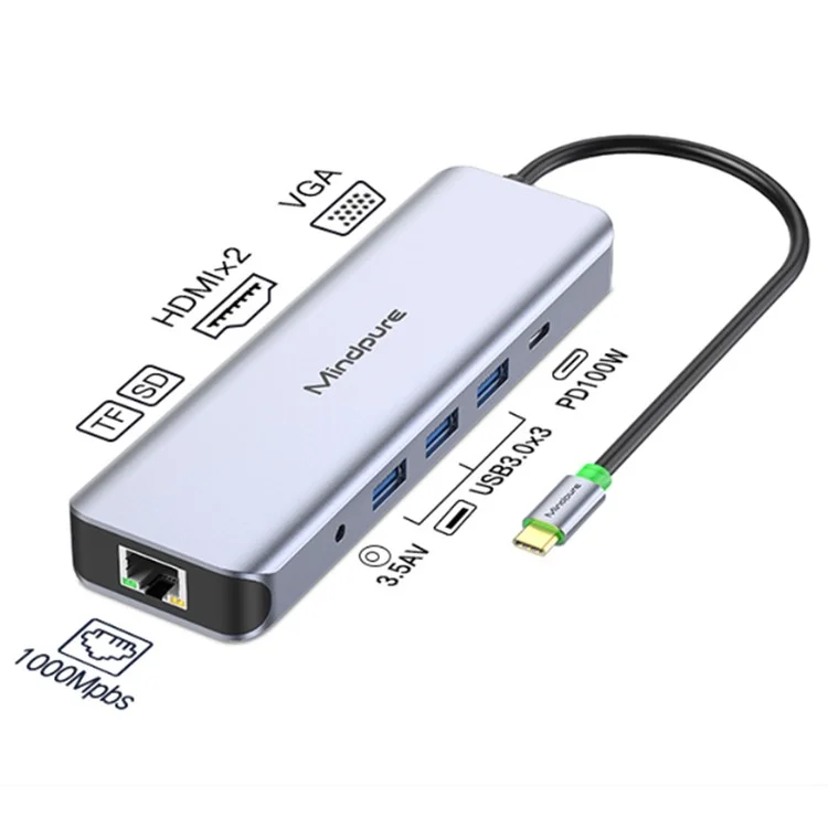 MINDPURE HU012 Stazione di aggancio multifunzione 11 in 1 per laptop, USB-C Hub, USB3.0x3+3.5mm AV+PD+HDx2+VGA+SD+TF+RJ45