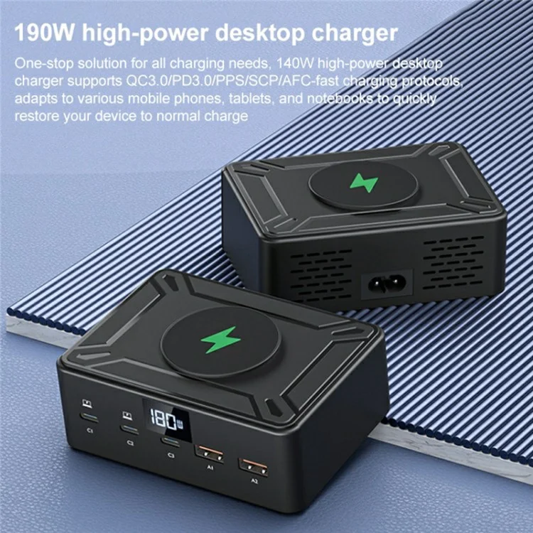 818d Affichage Numérique 3 Type-C + 2 USB 190W High Power Desktop Charger Support Qi Charge Sans Fil - Plug
