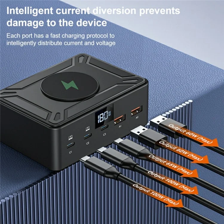 818d Affichage Numérique 3 Type-C + 2 USB 190W High Power Desktop Charger Support Qi Charge Sans Fil - Plug