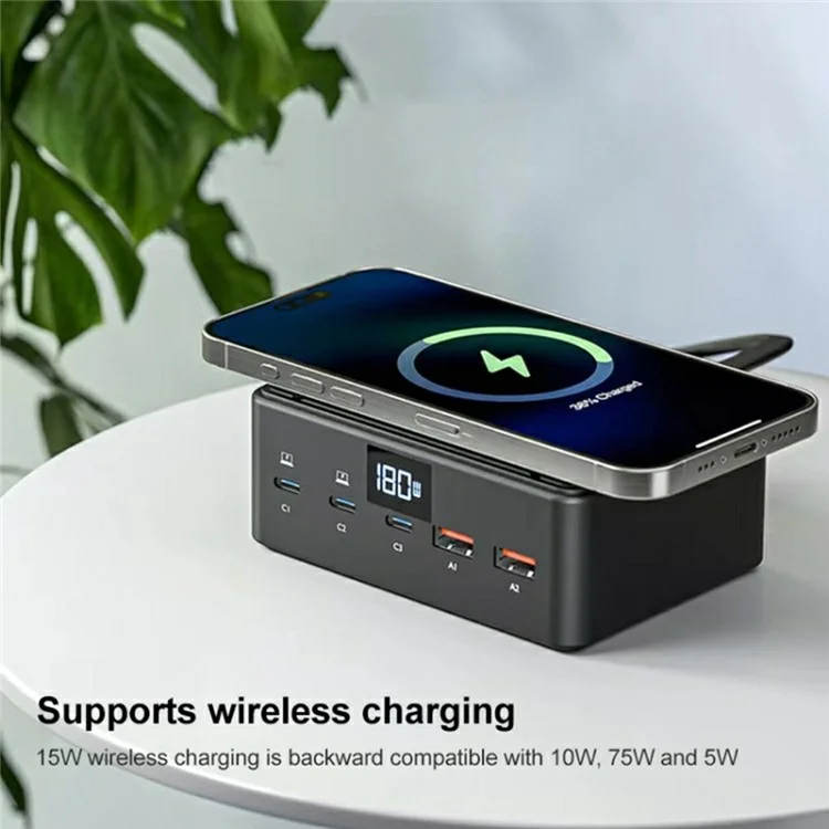 818d Affichage Numérique 3 Type-C + 2 USB 190W High Power Desktop Charger Support Qi Charge Sans Fil - Plug