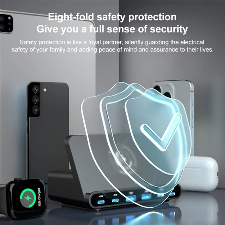 818D 160W 4 Type-C + 2 USB Portable GaN Desktop Charger Support Qi Wireless Charging - AU Plug