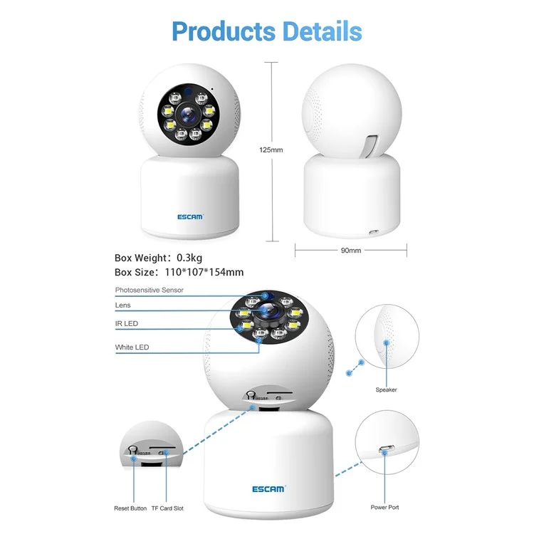 ESCAM PT300 Motion Detection Two-Way Audio Night Vision 1080P Home Security WiFi Camera - EU Plug