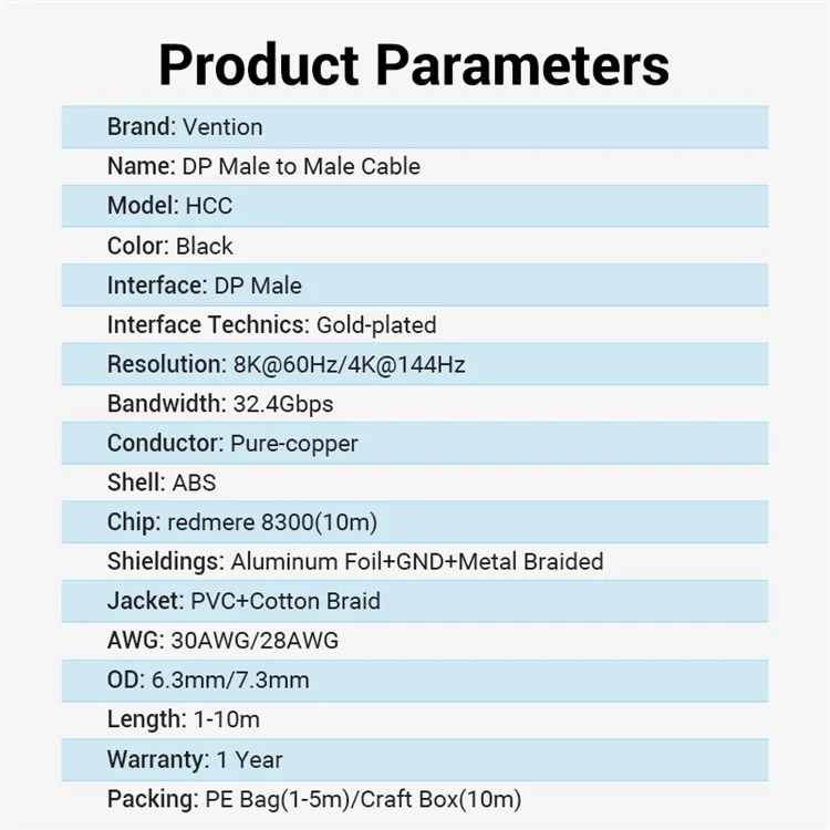 Vention HCCBJ 5m DP Cord 8k / 60 hz 4k / 144Hz Displayport Männlich Zum Displayport Männliches Kabel