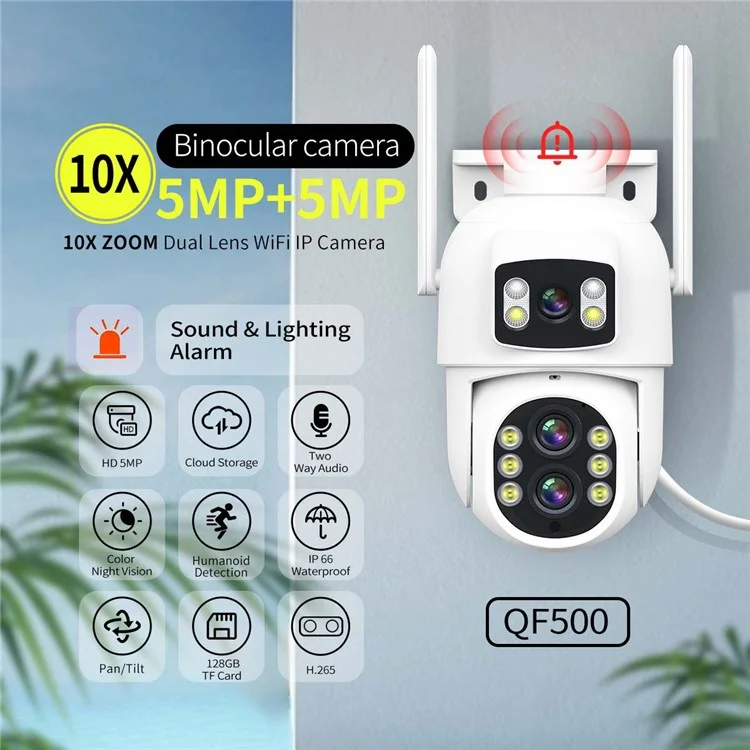 ESCAM QF500 5+5MP Dual Lens HD WiFi Camera Motion Detection Two-Way Audio Waterproof Security Camera - US Plug