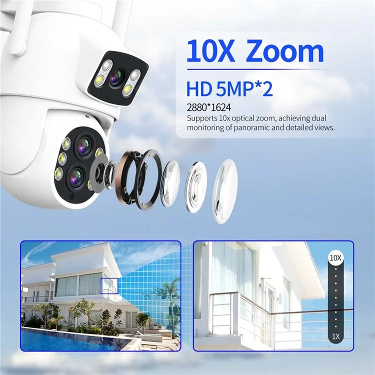 ESCAM QF500 5+5MP Dual Lens HD WiFi Camera Motion Detection Two-Way Audio Waterproof Security Camera - US Plug