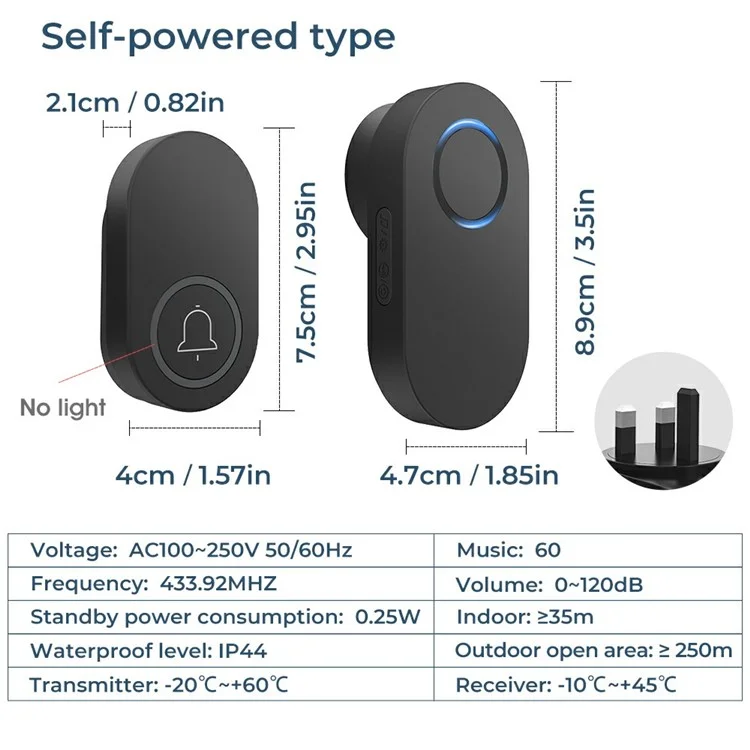 Ml008-b-1uk 60 Melodie Wireless Anciglio Aggiunto UK Plug / Nero, 1 Trasmettitore + 1 Ricevitore