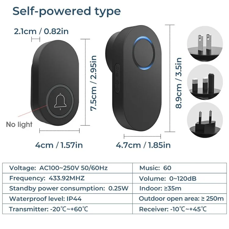 ML008-B-12US 60 Melodies Wireless Self-Powered Doorbell Ring US Plug / Black, 1 Transmitter + 2 Receiver