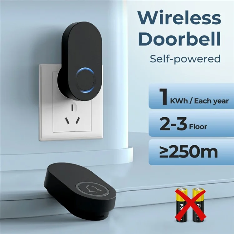 ML008-B-12US 60 Melodies Wireless Self-Powered Doorbell Ring US Plug / Black, 1 Transmitter + 2 Receiver