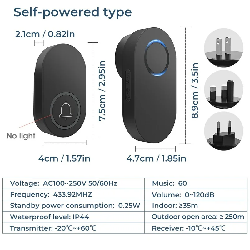 ML008-B-11US 60 Melodies Wireless Self-Powered Doorbell Ring US Plug  /  Black, 1 Transmitter + 1 Receiver