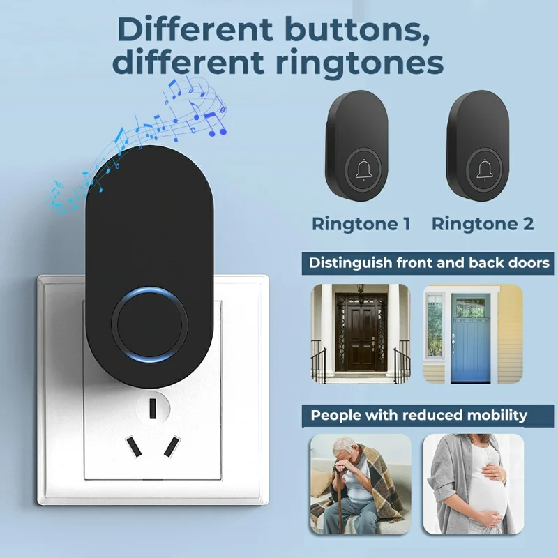 ML008-B-11US 60 Melodies Wireless Self-Powered Doorbell Ring US Plug  /  Black, 1 Transmitter + 1 Receiver