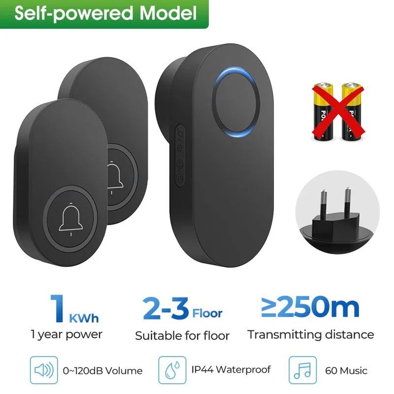 ML008-B-21EU 60 Melodies Wireless Self-Powered Doorbell Ring EU Plug / Black, 2 Transmitter + 1 Receiver