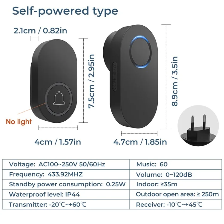 ML008-B-22EU 60 Melodies Wireless Self-Powered Doorbell Ring EU Plug / Black, 2 Transmitter + 2 Receiver