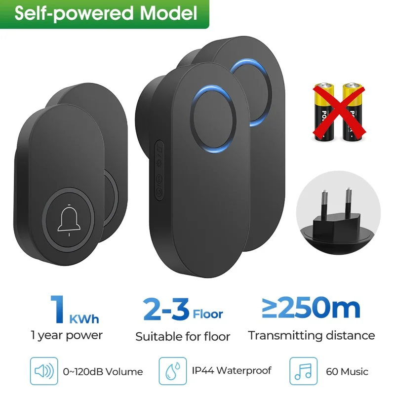 ML008-B-22EU 60 Melodies Wireless Self-Powered Doorbell Ring EU Plug / Black, 2 Transmitter + 2 Receiver