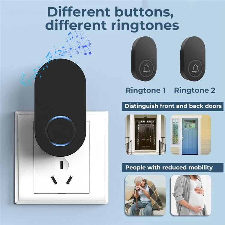 ML008-B-22EU 60 Melodies Wireless Self-Powered Doorbell Ring EU Plug / Black, 2 Transmitter + 2 Receiver
