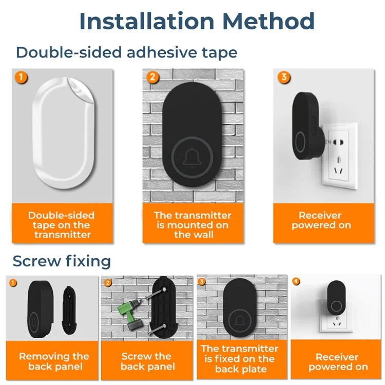 ML008-B-21US 60 Melodies Wireless Self-Powered Doorbell Ring US Plug / Black, 2 Transmitter + 1 Receiver